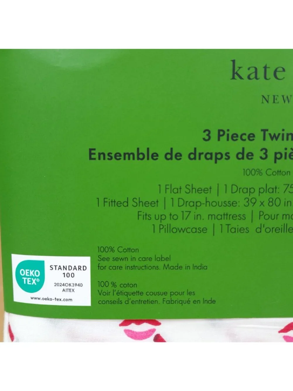 Kate Spade New York Twin XL 3-Piece Sheet Set Lipstick Kiss Print Black Red Pint